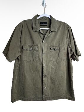 All Saints Spotter SS Shirt L Mens Green Military Work Relaxed Fit Pocket Grunge